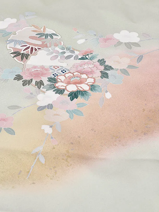 先生袴 ﾚﾝﾀルD076薄緑小花×ブラウン袴