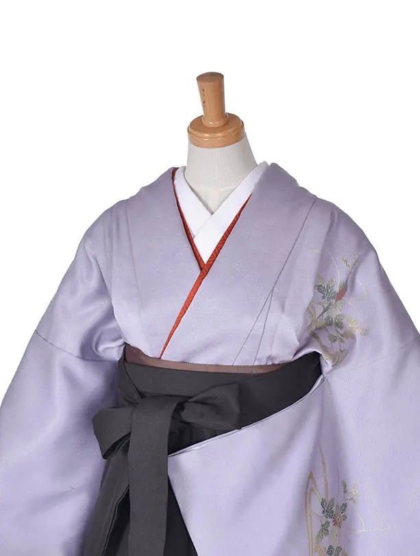 先生袴 ﾚﾝﾀルD0077薄淡グレーの古典花柄二尺袖 × グレージュ袴