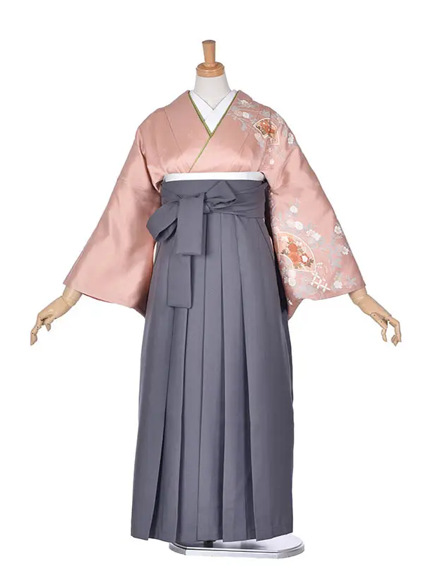 先生袴 ﾚﾝﾀル【正絹】D078ピンク花霞グレー袴