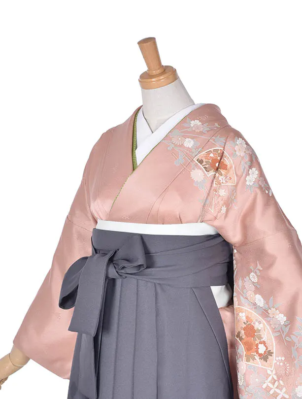 先生袴 ﾚﾝﾀル【正絹】D078ピンク花霞グレー袴