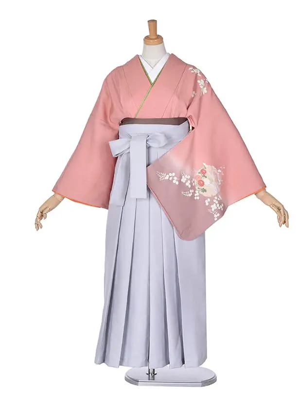 先生袴 ﾚﾝﾀルD0079淡桃色に古典花柄の二尺袖 × ライトグレー袴