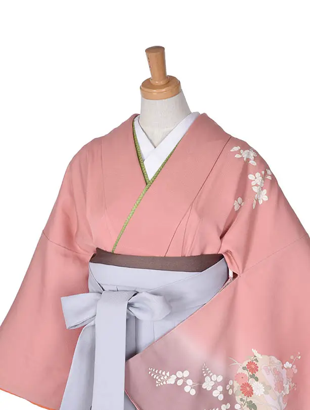 先生袴 ﾚﾝﾀルD0079淡桃色に古典花柄の二尺袖 × ライトグレー袴