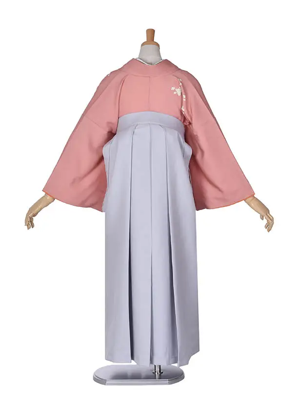 先生袴 ﾚﾝﾀルD0079淡桃色に古典花柄の二尺袖 × ライトグレー袴