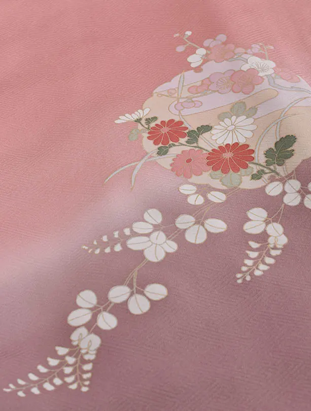 先生袴 ﾚﾝﾀルD0079淡桃色に古典花柄の二尺袖 × ライトグレー袴