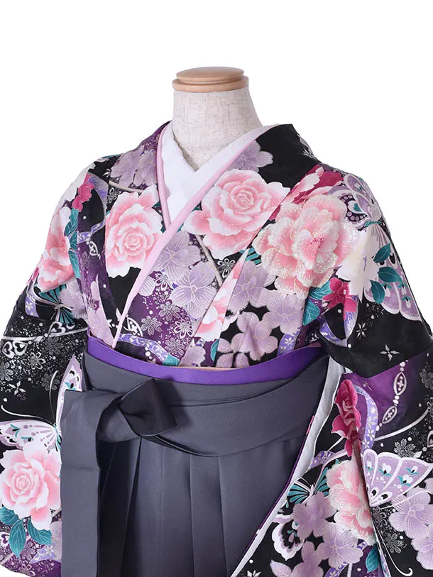 小学生卒業式袴女児0208黒ピンク薔薇