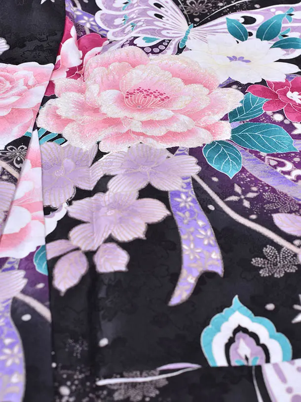 小学生卒業式袴女児0208黒ピンク薔薇