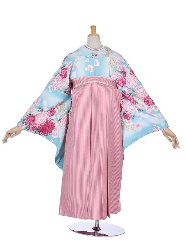 小学生卒業式袴女児0212水色菊ストライプ袴