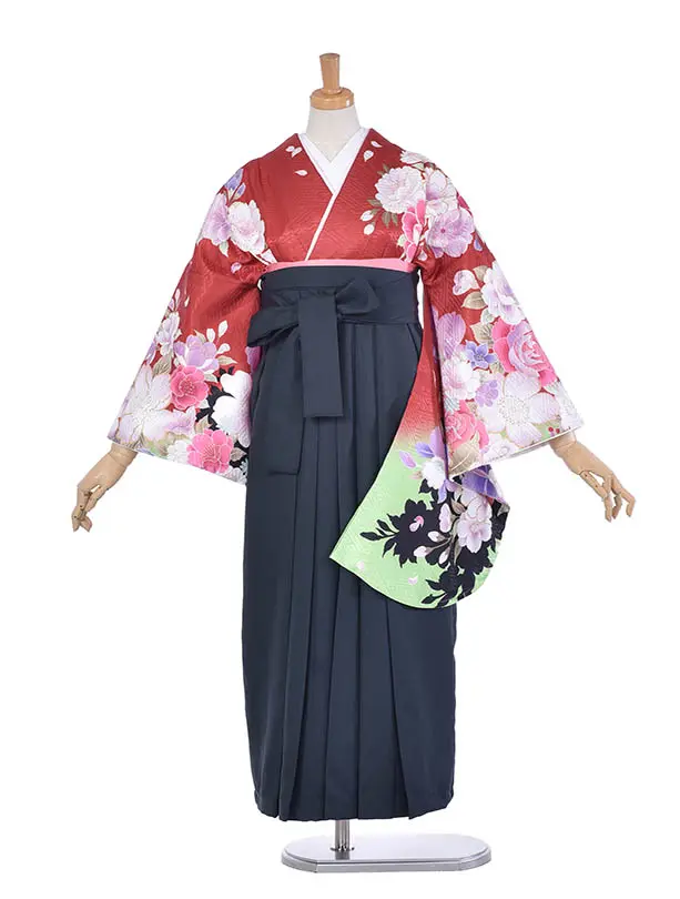 小学生卒業式袴女児0224赤大輪モスグリーン袴