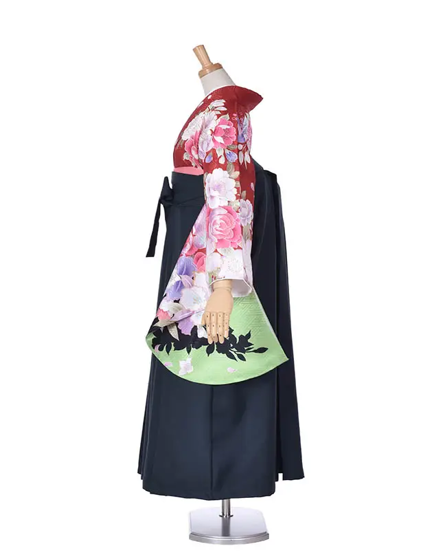 小学生卒業式袴女児0224赤大輪モスグリーン袴