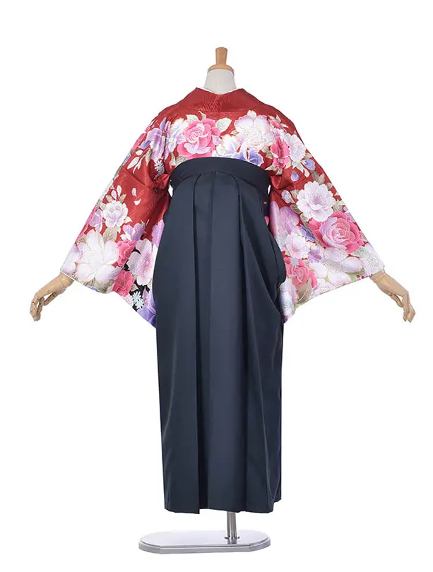 小学生卒業式袴女児0224赤大輪モスグリーン袴