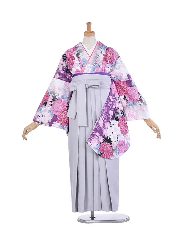 小学生卒業式袴女児0225紫大輪ライトグレー袴