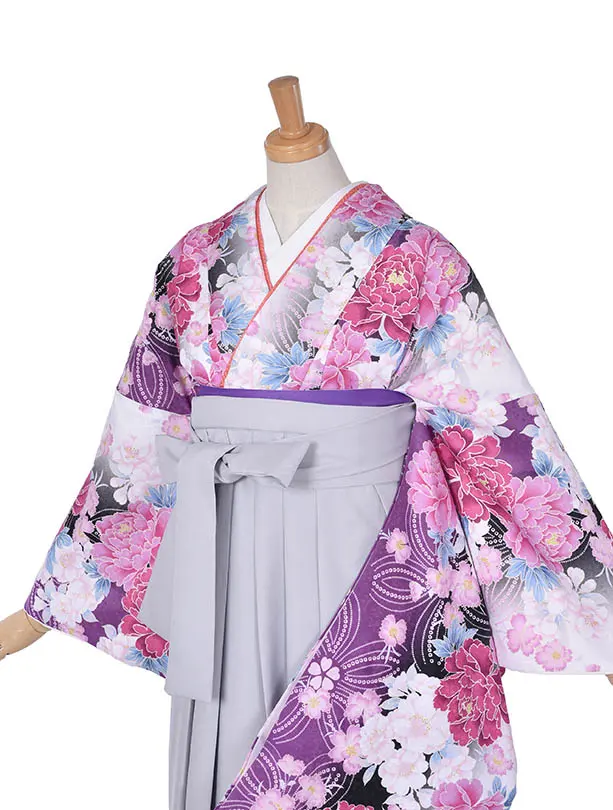 小学生卒業式袴女児0225紫大輪ライトグレー袴