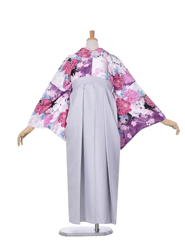 小学生卒業式袴女児0225紫大輪ライトグレー袴