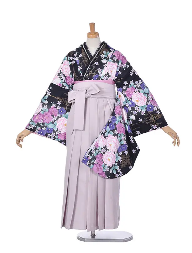 小学生卒業式袴女児0226黒薔薇ラベンダー袴