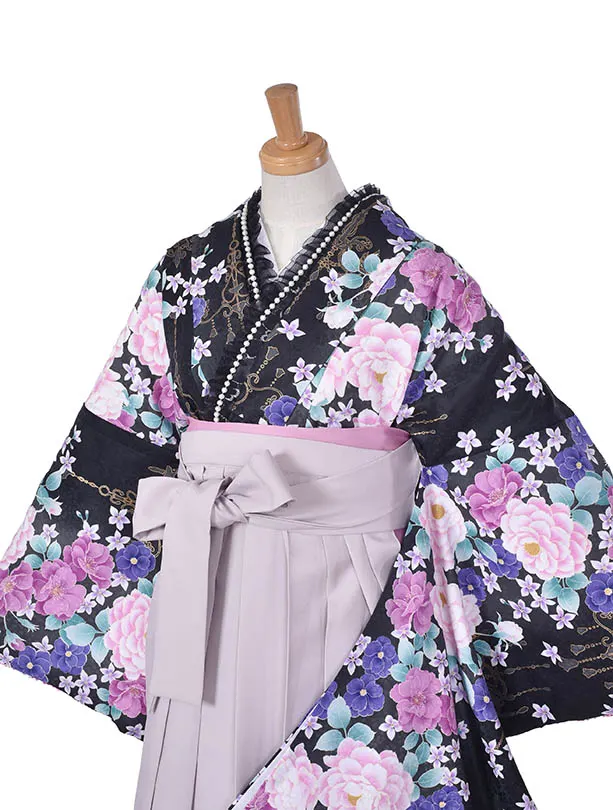 小学生卒業式袴女児0226黒薔薇ラベンダー袴