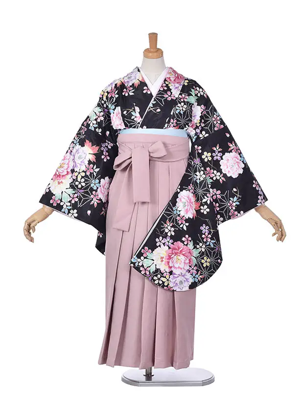 小学生卒業式袴女児0227黒薔薇スモーキーピンク袴