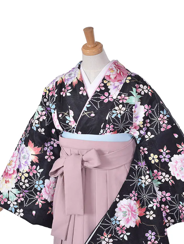 小学生卒業式袴女児0227黒薔薇スモーキーピンク袴