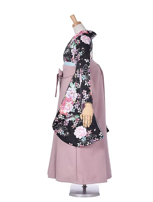 小学生卒業式袴女児0227黒薔薇スモーキーピンク袴