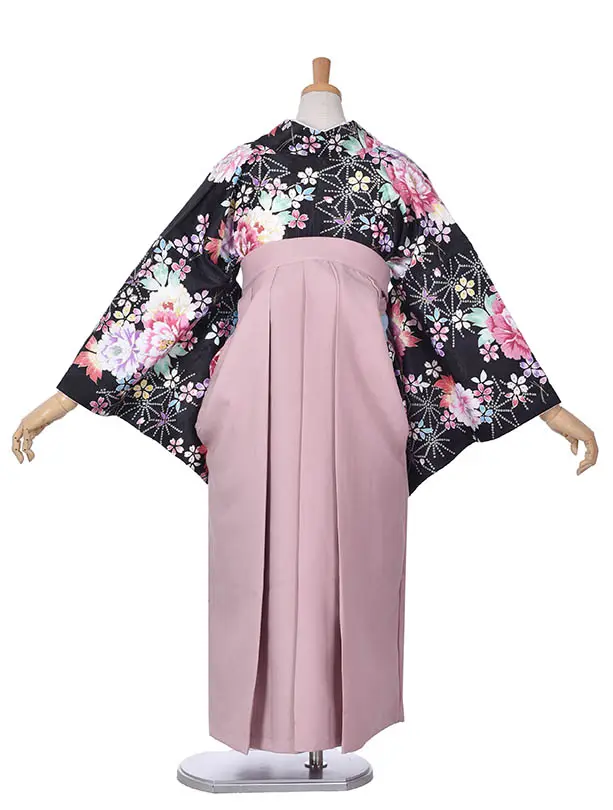 小学生卒業式袴女児0227黒薔薇スモーキーピンク袴