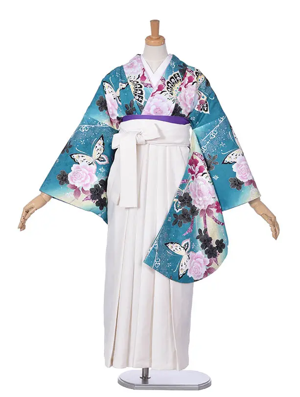 小学生卒業式袴女児0228グリーン蝶オフホワイト袴