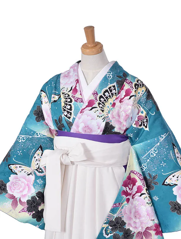 小学生卒業式袴女児0228グリーン蝶オフホワイト袴