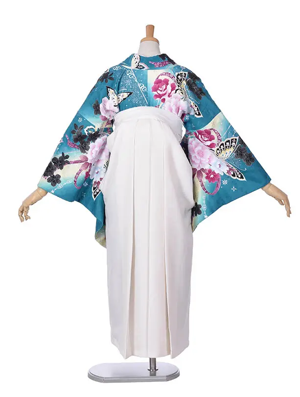 小学生卒業式袴女児0228グリーン蝶オフホワイト袴