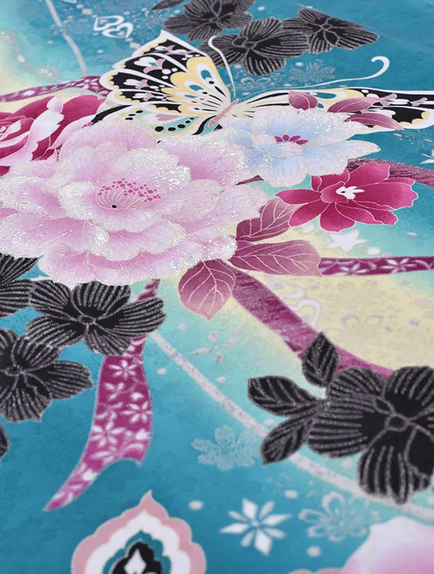 小学生卒業式袴女児0228グリーン蝶オフホワイト袴