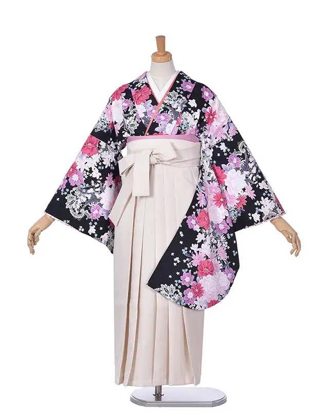 小学生卒業式袴女児0229黒ピンク花々クリーム袴