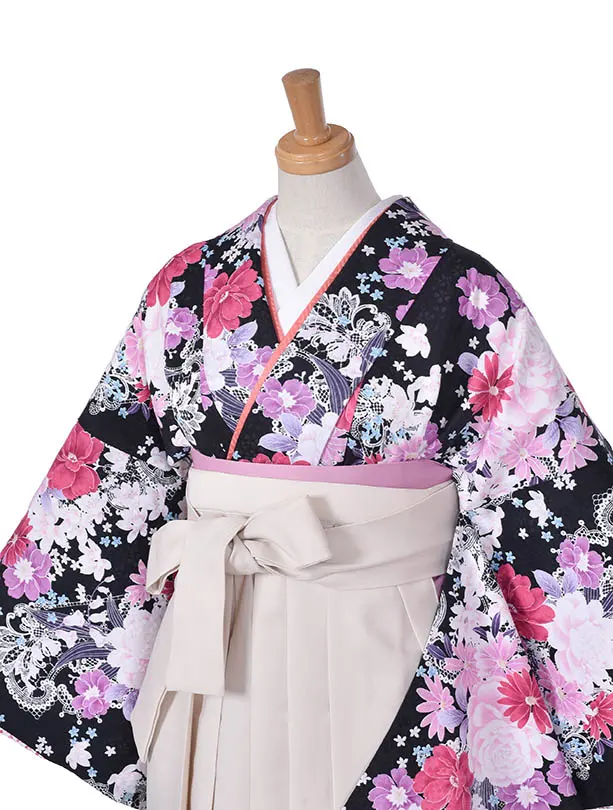 小学生卒業式袴女児0229黒ピンク花々クリーム袴