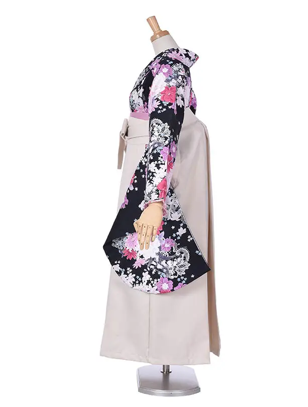 小学生卒業式袴女児0229黒ピンク花々クリーム袴