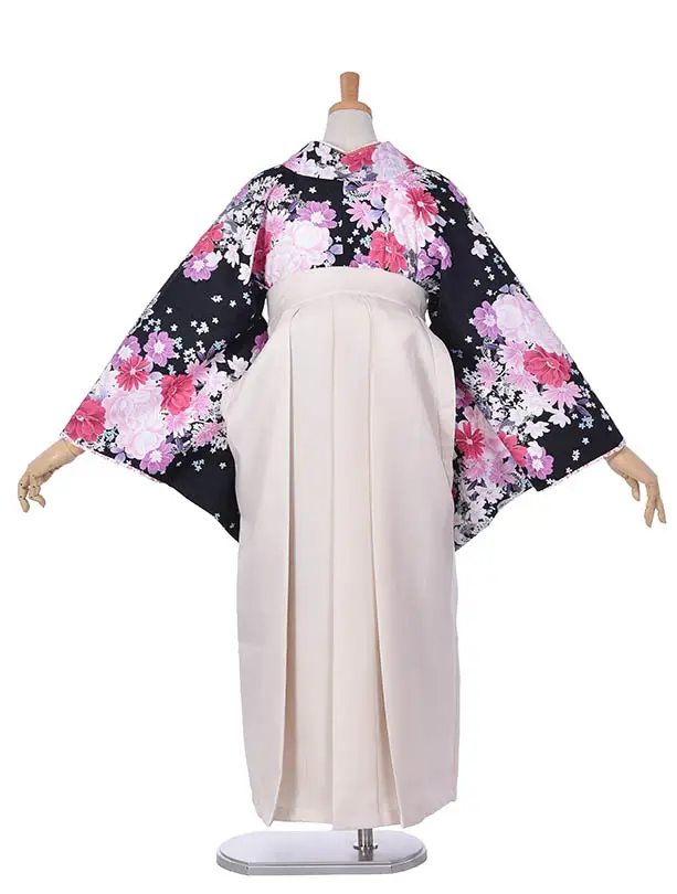 小学生卒業式袴女児0229黒ピンク花々クリーム袴