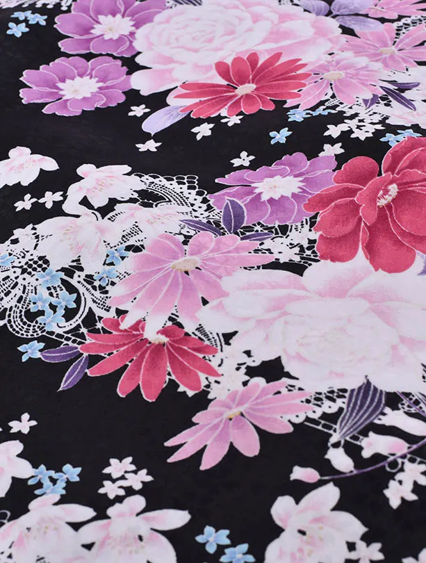 小学生卒業式袴女児0229黒ピンク花々クリーム袴