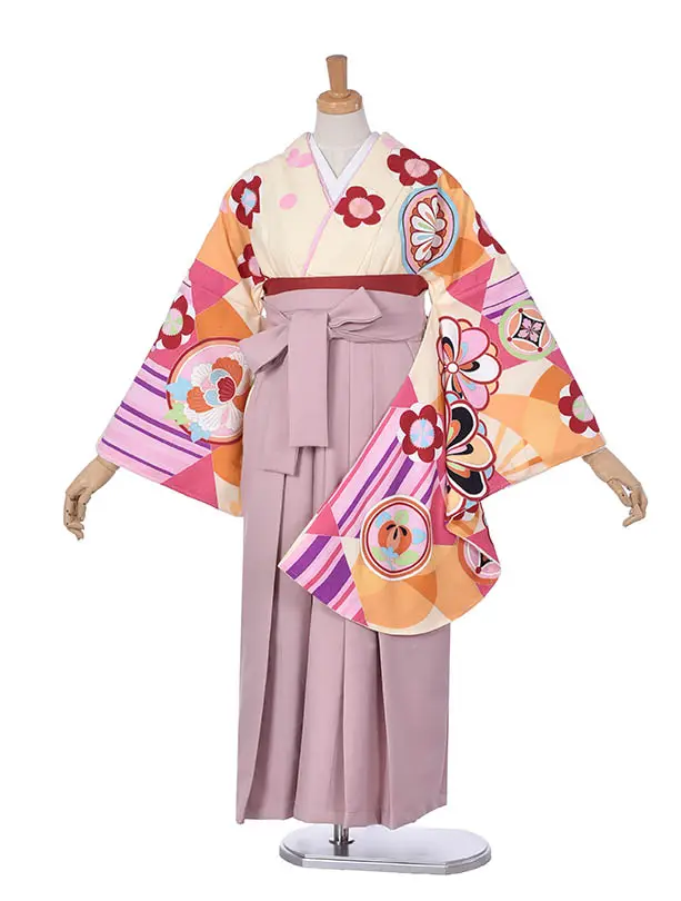 小学生卒業式袴女児0230レトロ花と丸紋柄 × 淡ピンク袴