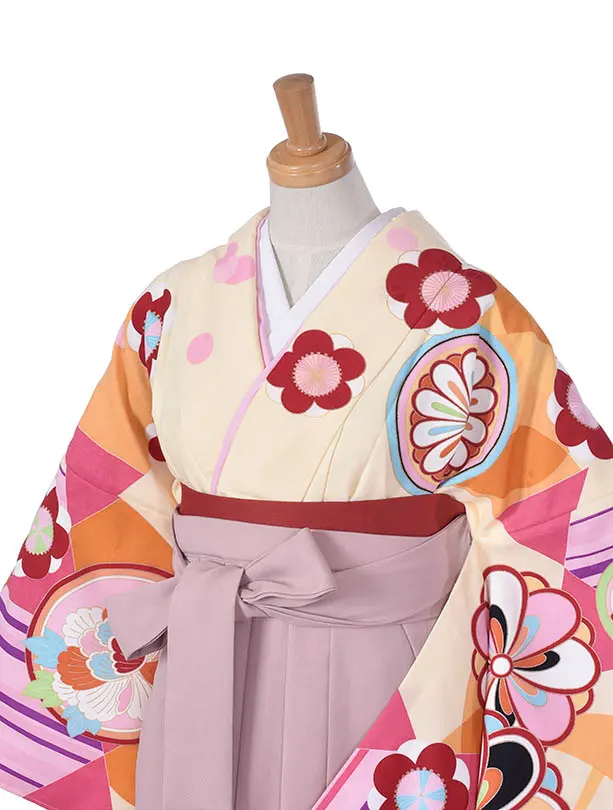 小学生卒業式袴女児0230レトロ花と丸紋柄 × 淡ピンク袴
