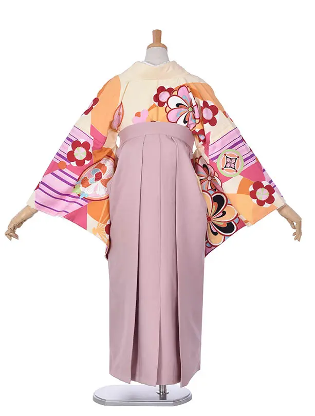 小学生卒業式袴女児0230レトロ花と丸紋柄 × 淡ピンク袴