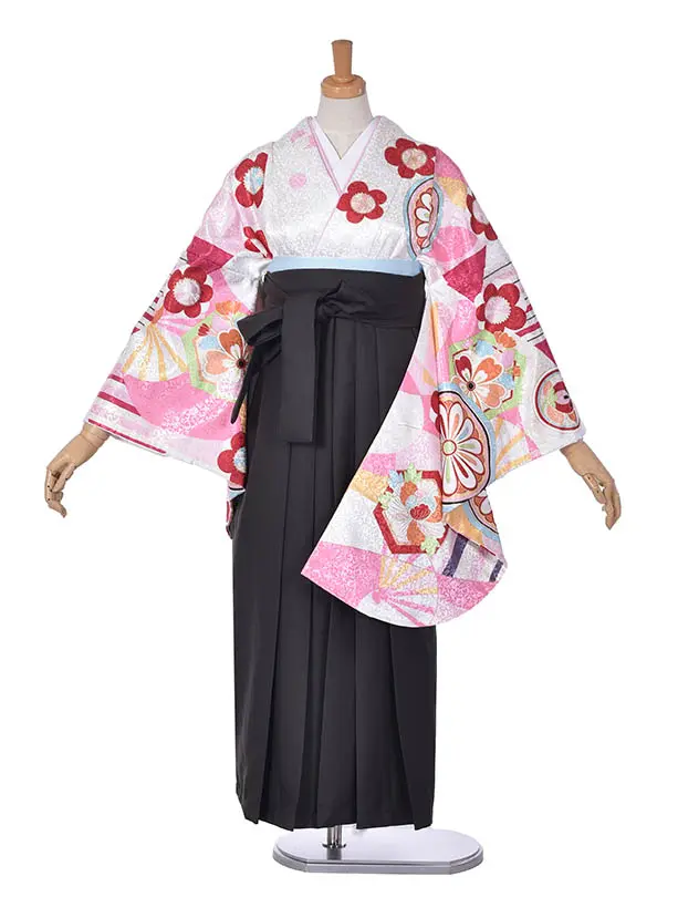 小学生卒業式袴女児0231白地にレトロ花と丸紋柄 × アッシュグレー袴