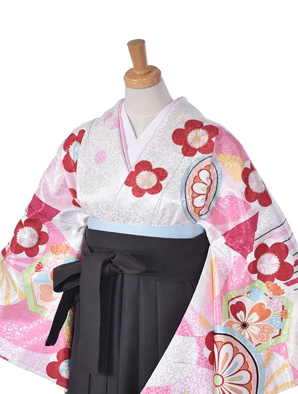 小学生卒業式袴女児0231白地にレトロ花と丸紋柄 × アッシュグレー袴