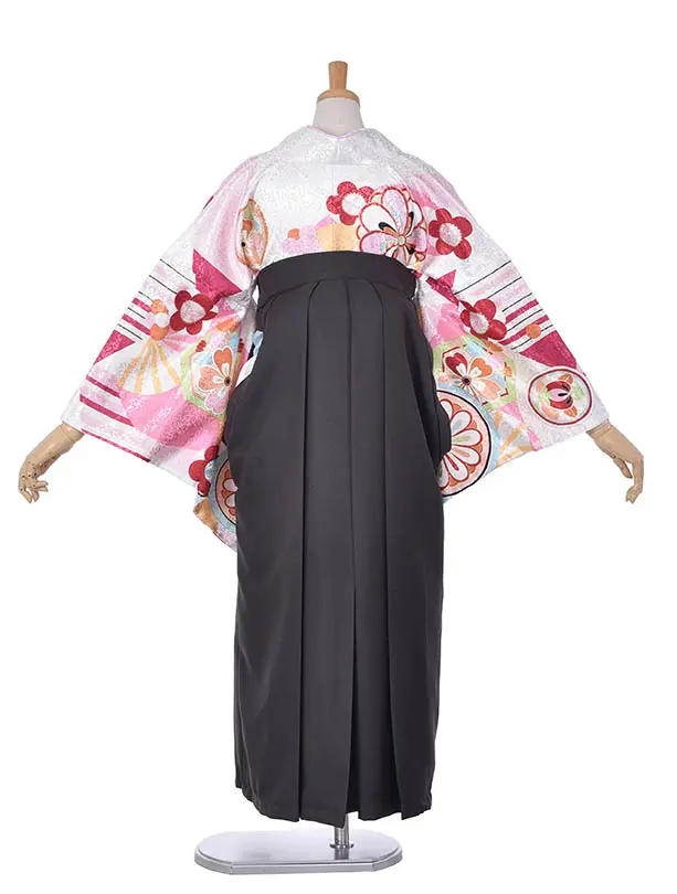 小学生卒業式袴女児0231白地にレトロ花と丸紋柄 × アッシュグレー袴